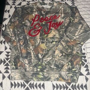 Peace & Joy Camouflage Crewneck Sweatshirt - Red Script